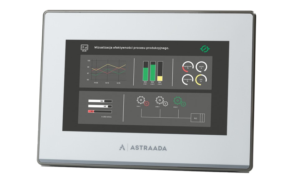 7" touch screen panel; TFT matrix with 800 x 480 resolution; 65535 colours; LED backlight; Ethernet; COM1 - RS232; COM2 - RS422/485; COM3 - RS485 2 x USB (Client; Host); 64