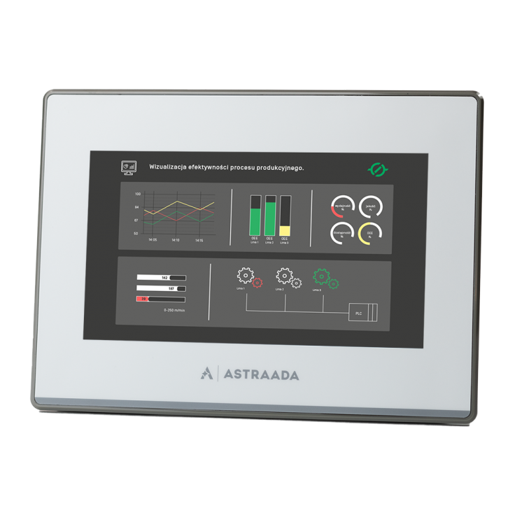 Operatoriaus panelė 7'' su liečiamu ekranu; TFT matrica su 800 x 480 rezoliucija; 65535 spalvų; LED foninis apšvietimas; Ethernet; COM1 - RS232; COM2 - RS422/485; COM3 - RS485; 2 x USB (Client; Host); 64