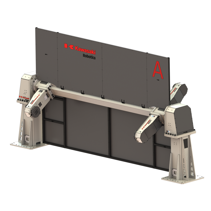 Multi axis welding positioner with 3 horizontal rotating axis, 2 stations and 1000 kg payload
