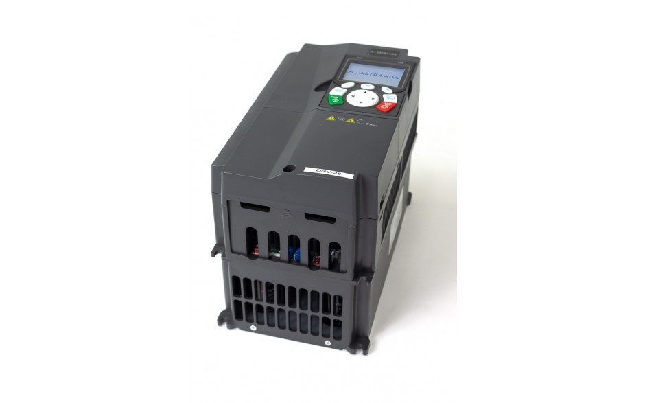 DRV-28 frequency inverter: 7.5/11 kW, 3x400V power supply, vector control, STO, EMC filter, LCD operator panel, support for expansion modules, vent-pump functions, fire-mode, 30 months warranty. 3
