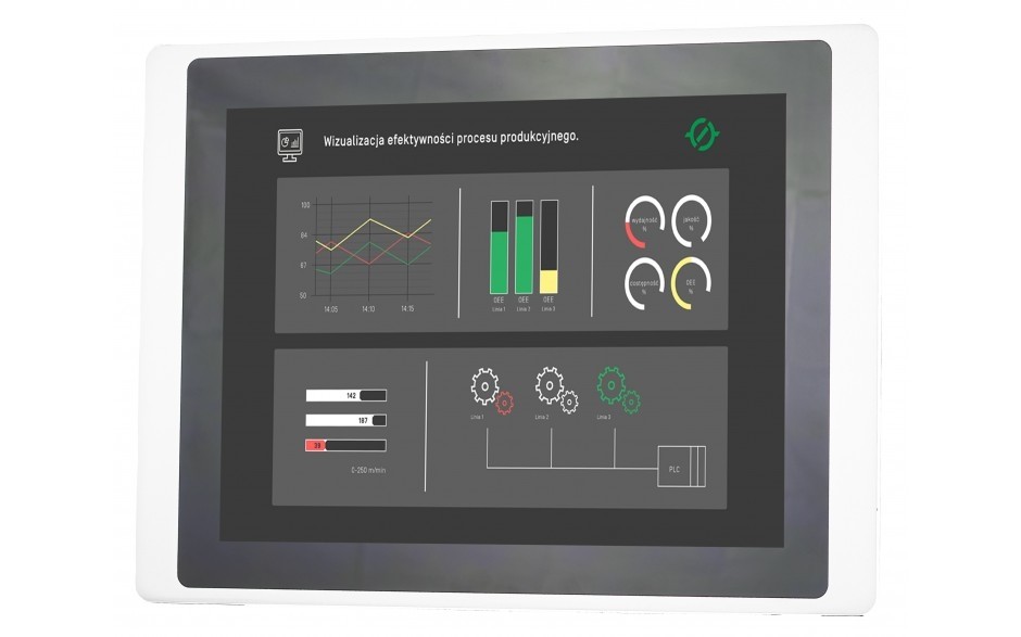 Operatoriaus panelė 15'' su liečiamu ekranu; TFT matrica su 1024 x 768 rezoliucija; 65535 spalvų; LED foninis apšvietimas; Ethernet; COM1 - RS232; COM2 - RS422/485; COM3 - RS485; 2 x USB (Client; Host);