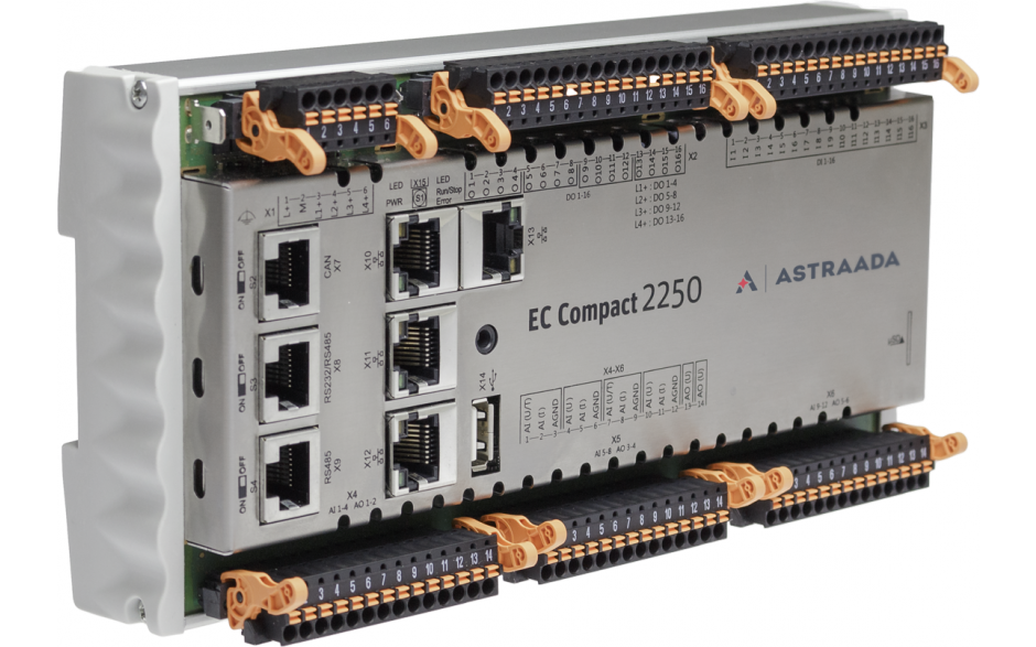 Astraada One Compact Prime S05 (ECC2250) 800 MHz ARM; 256MB RAM; 16DI; 16DO; 6AI; 6AI/PT100/PT1000; 6AO; CPU; 1x RS232/485; 1x RS485; 1x USB; 1x CAN; 1x Eth; 1 EtherCAT; 1x uSD; Codesys 3.5