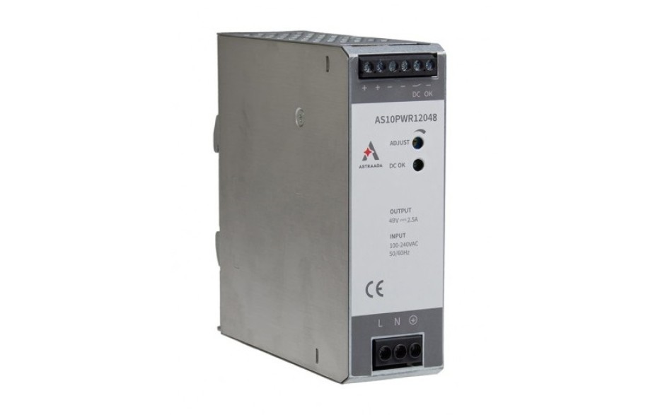 120W maitinimo šaltinis (100-240VAC / 48V/2.5A DC), viršįtampių, perkrovų ir šiluminė apsauga, DIN montavimas, 54 mėn. garantija