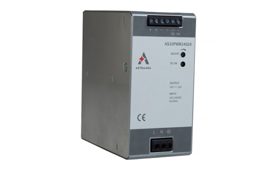 240W maitinimo šaltinis (100-240VAC / 24V/10A DC), viršįtampių, perkrovų ir šiluminė apsauga, DIN montavimas, 54 mėn. garantija