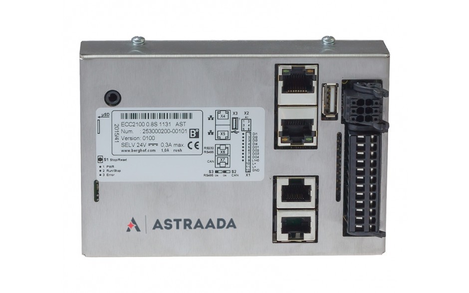 Astraada ONE Compact Slim (ECC2100) - 800 MHz ARM; 256MB RAM; 4DI; 4DO; 4AI; CPU; 1x RS232/485; 1x USB; 1x CAN; 1x EtherCAT; 1x uSD; Codesys 3.5; Modbus TCP/RTU 2