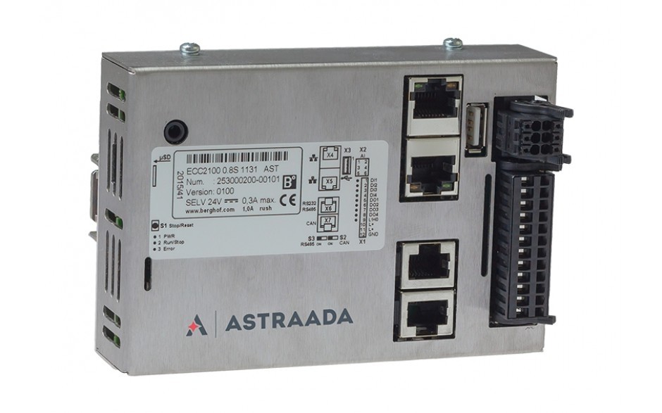 Astraada ONE Compact Slim (ECC2100) - 800 MHz ARM; 256MB RAM; 4DI; 4DO; 4AI; CPU; 1x RS232/485; 1x USB; 1x CAN; 1x EtherCAT; 1x uSD; Codesys 3.5; Modbus TCP/RTU 3