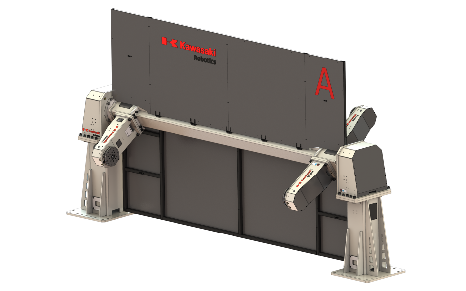 Multi axis welding positioner with 3 horizontal rotating axis, 2 stations and 1000 kg payload