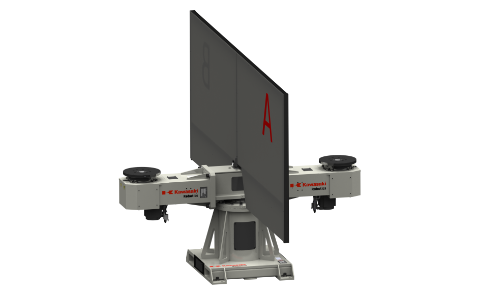 Multi axis welding positioner with 3 vertical rotating axis, 2 stations and 750 kg payload