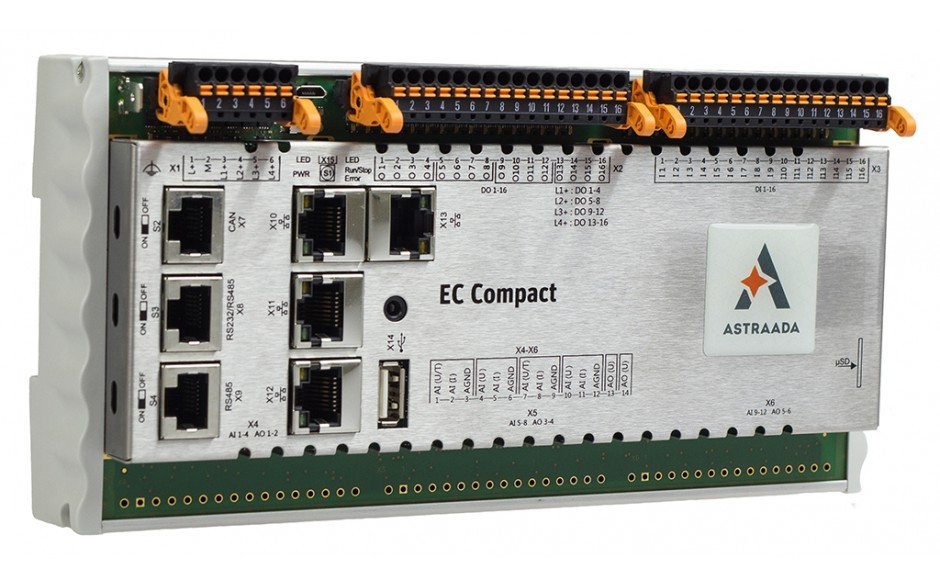 Astraada One Compact Prime S06 (ECC2200) 800 MHz ARM; 256MB RAM; 16DI; 16DO; 1x RS232/485; 1x RS485; 1x USB; 1x CAN; 1x Eth; 1x EtherCAT; 1x uSD; Codesys 3.5; Modbus TCP/RTU
