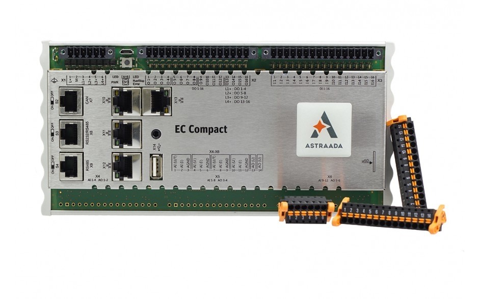 Astraada One Compact Prime S06 (ECC2200) 800 MHz ARM; 256MB RAM; 16DI; 16DO; 1x RS232/485; 1x RS485; 1x USB; 1x CAN; 1x Eth; 1x EtherCAT; 1x uSD; Codesys 3.5; Modbus TCP/RTU 3